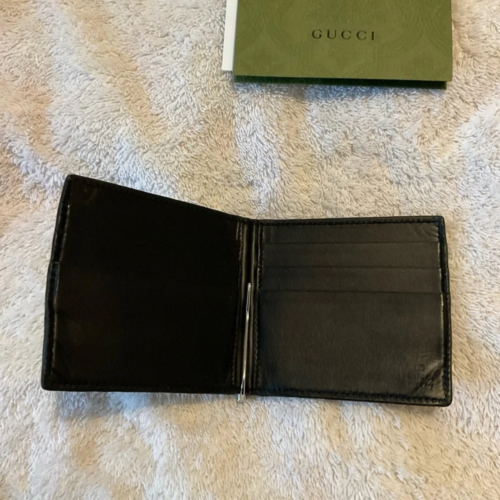 Gucci GG Check Wallet Money Clip Bifold Black Leather Made in Italy